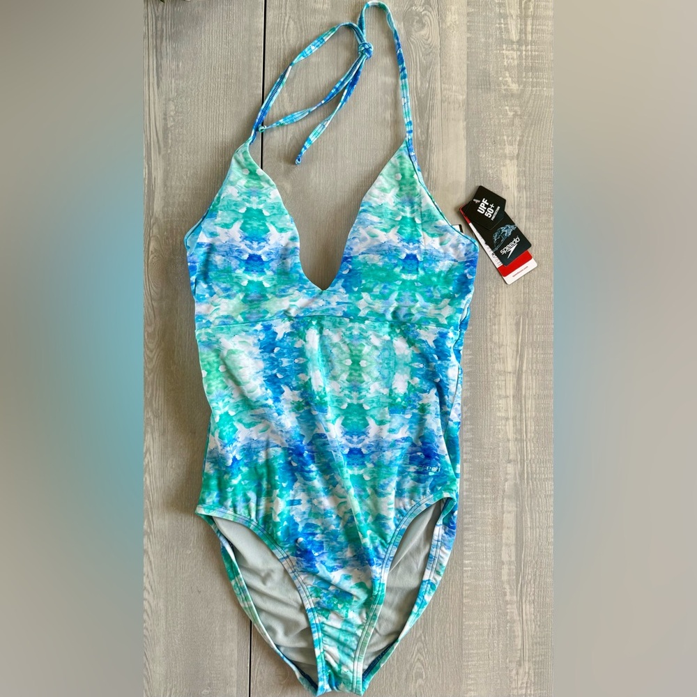 NWT Women’s Speedo Swim Suit One Piece Blue Marble Print Size 12